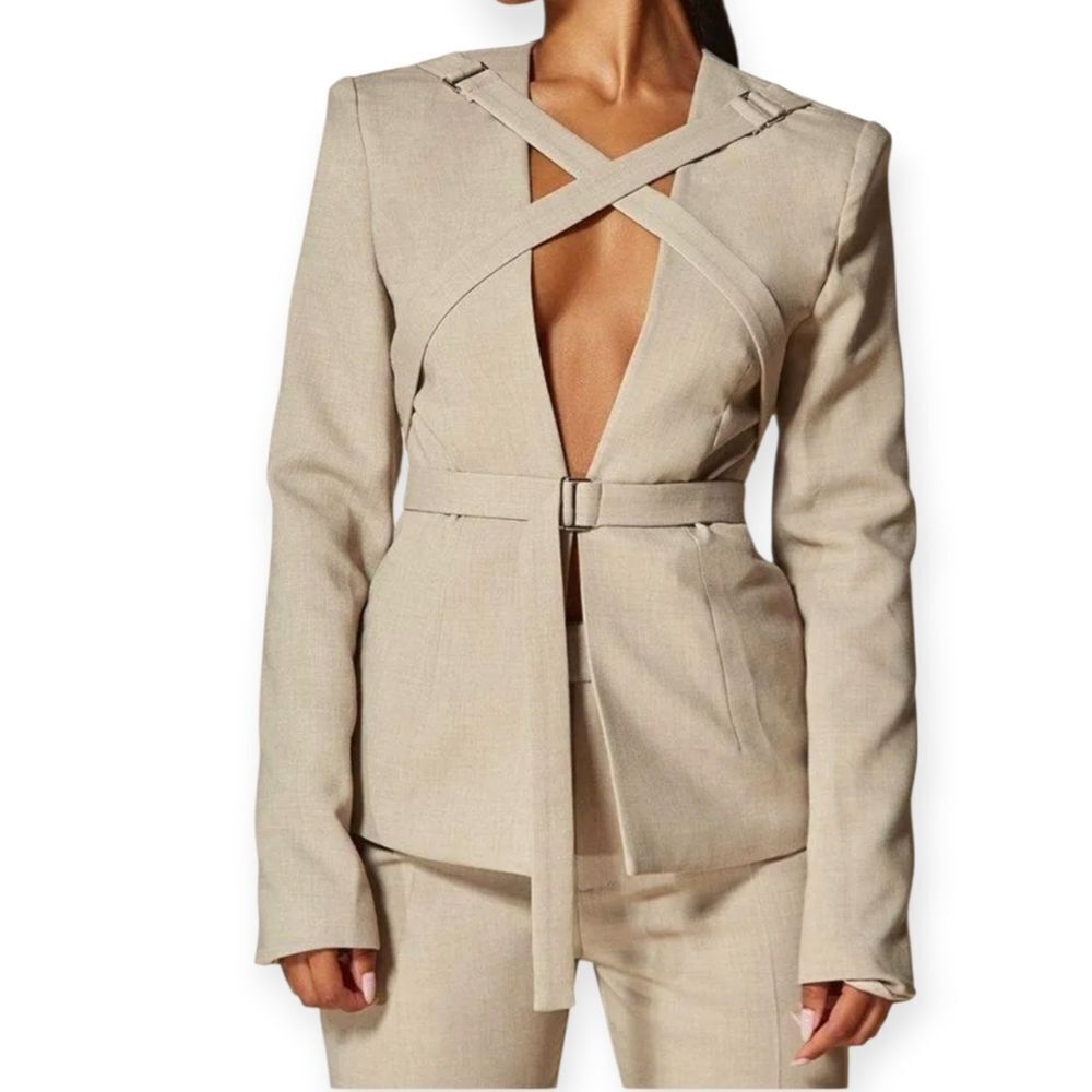 PLT LABEL Oatmeal Strap Detail Cross Over Fitted Blazer, 2